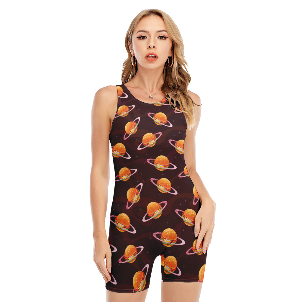 Hamburger Planet Pattern Print Sleeveless One Piece Swimsuit