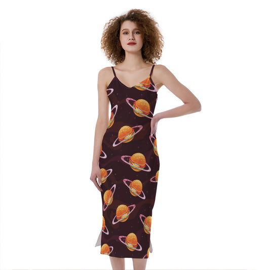 Hamburger Planet Pattern Print Slim Fit Midi Cami Dress