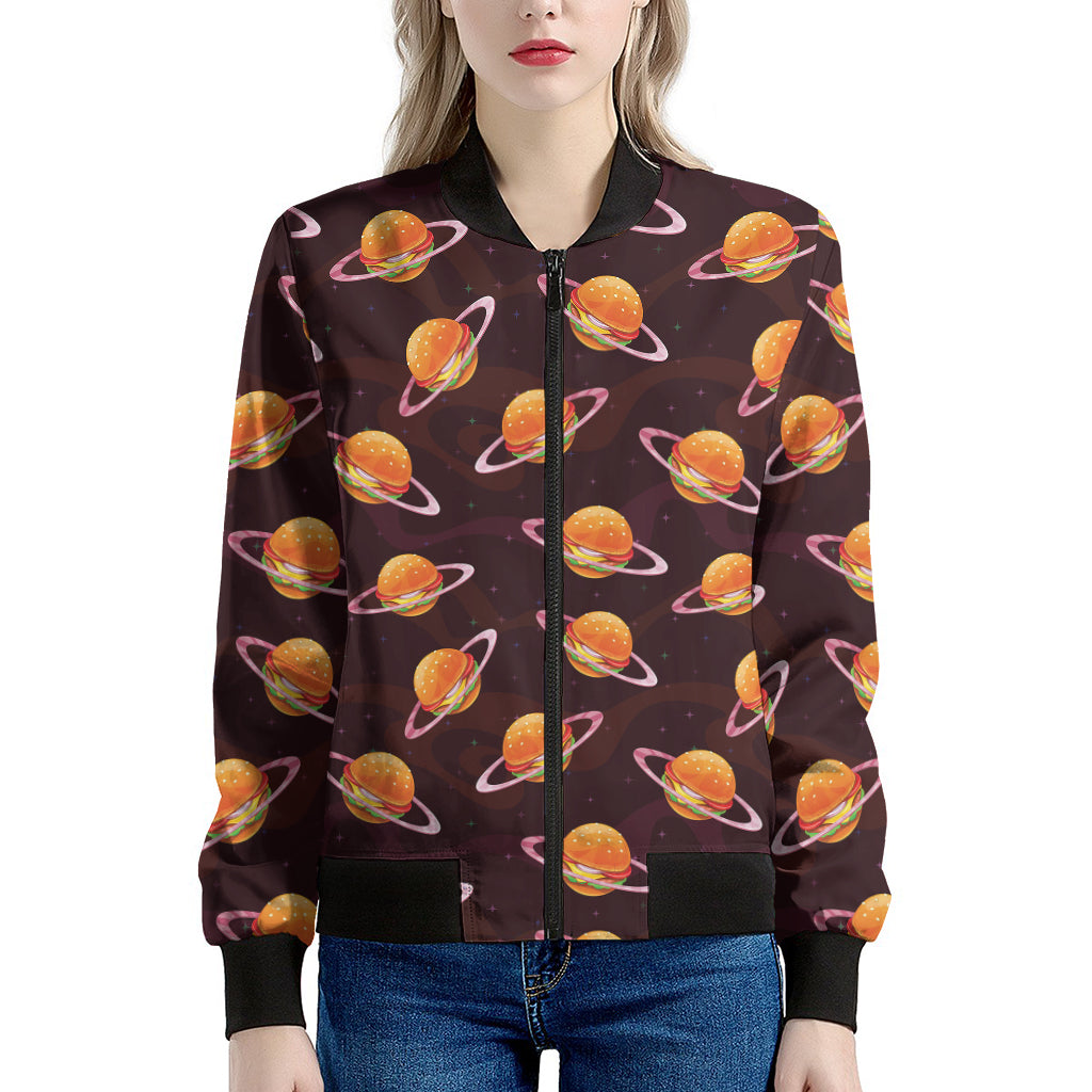 Hamburger Planet Pattern Print Women's Bomber Jacket