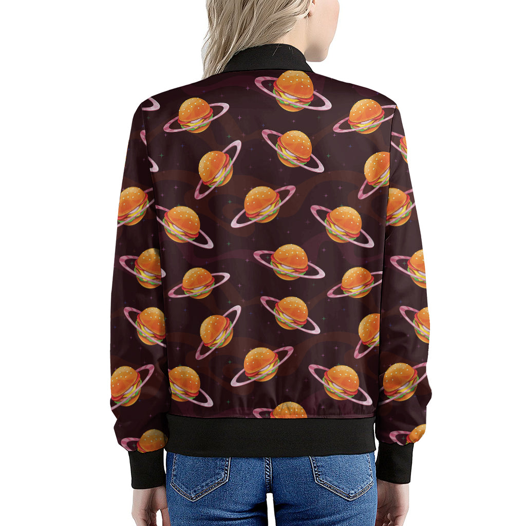 Hamburger Planet Pattern Print Women's Bomber Jacket