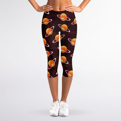 Hamburger Planet Pattern Print Women's Capri Leggings