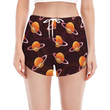 Hamburger Planet Pattern Print Women's Split Running Shorts