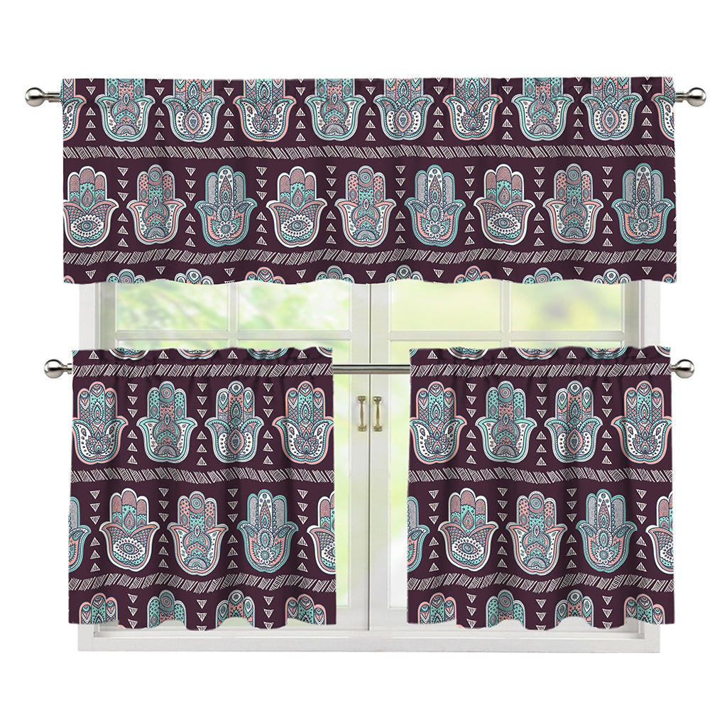 Hamsa Symbol Pattern Print 3 Piece Kitchen Curtains