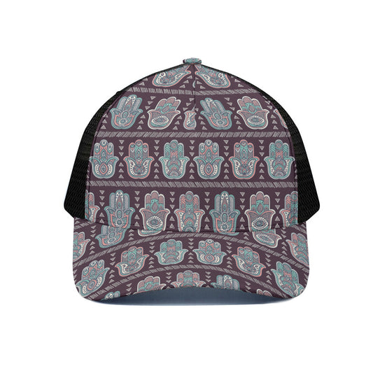 Hamsa Symbol Pattern Print Black Mesh Trucker Cap