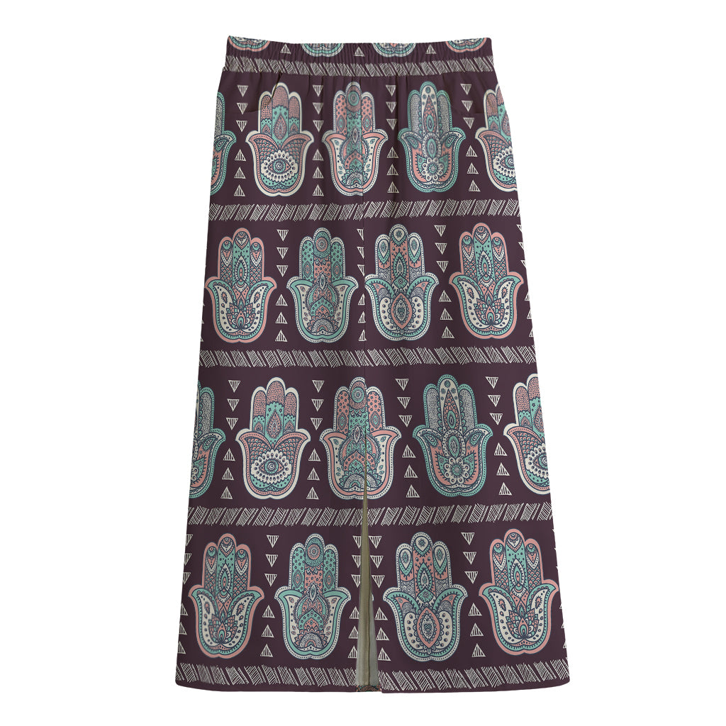 Hamsa Symbol Pattern Print Cotton Front Slit Maxi Skirt