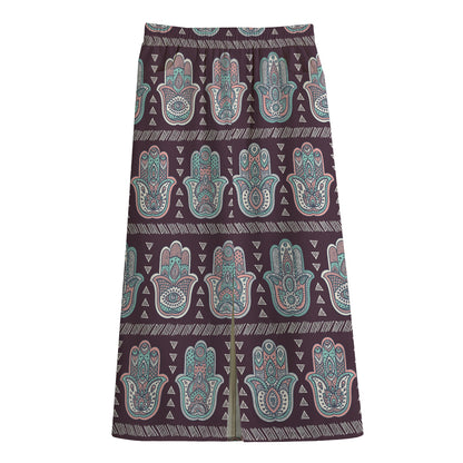 Hamsa Symbol Pattern Print Cotton Front Slit Maxi Skirt