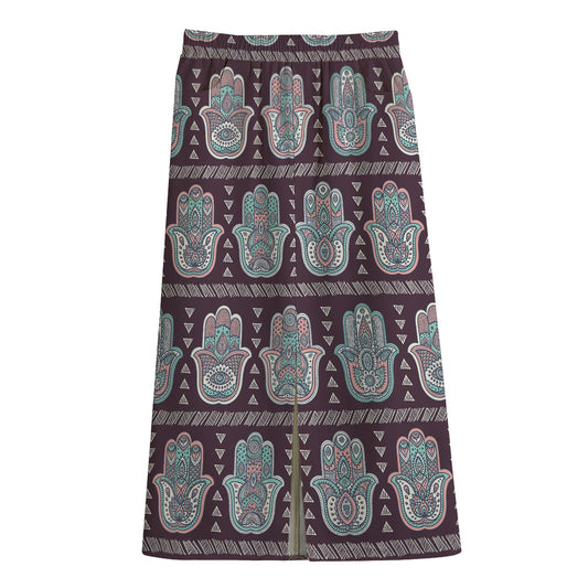 Hamsa Symbol Pattern Print Cotton Front Slit Maxi Skirt