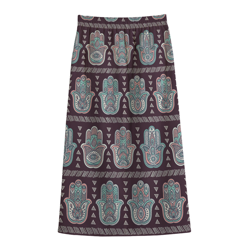 Hamsa Symbol Pattern Print Cotton Front Slit Maxi Skirt
