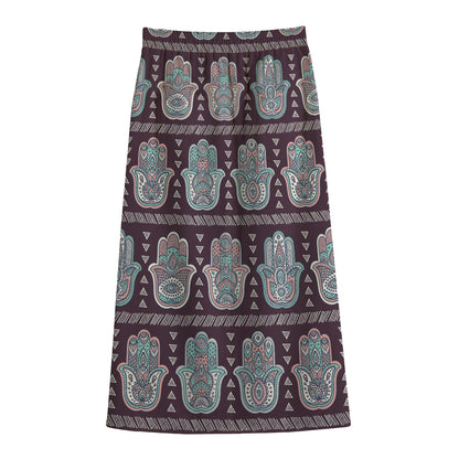 Hamsa Symbol Pattern Print Cotton Front Slit Maxi Skirt