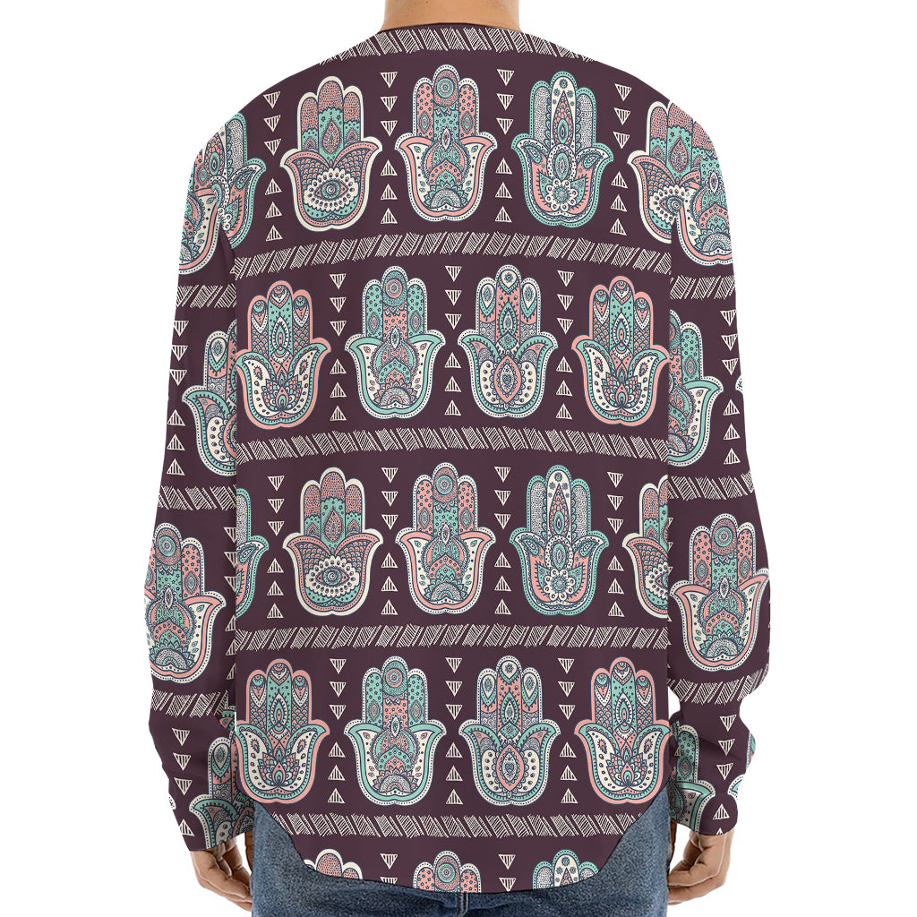 Hamsa Symbol Pattern Print Long Sleeve Baseball Jersey