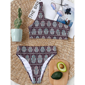 Hamsa Symbol Pattern Print One Shoulder Bikini Top