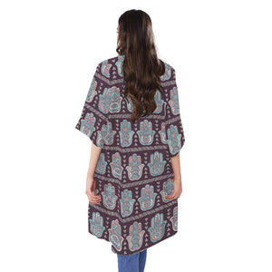 Hamsa Symbol Pattern Print Open Front Beach Cover Up