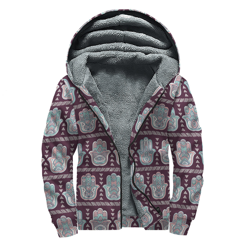 Hamsa Symbol Pattern Print Sherpa Lined Zip Up Hoodie