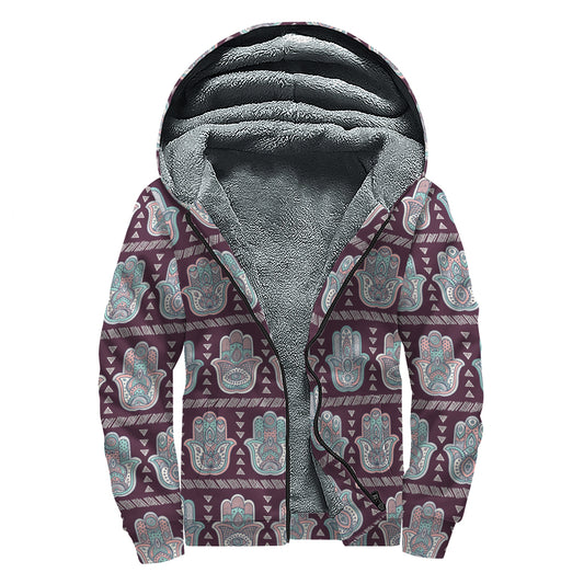 Hamsa Symbol Pattern Print Sherpa Lined Zip Up Hoodie