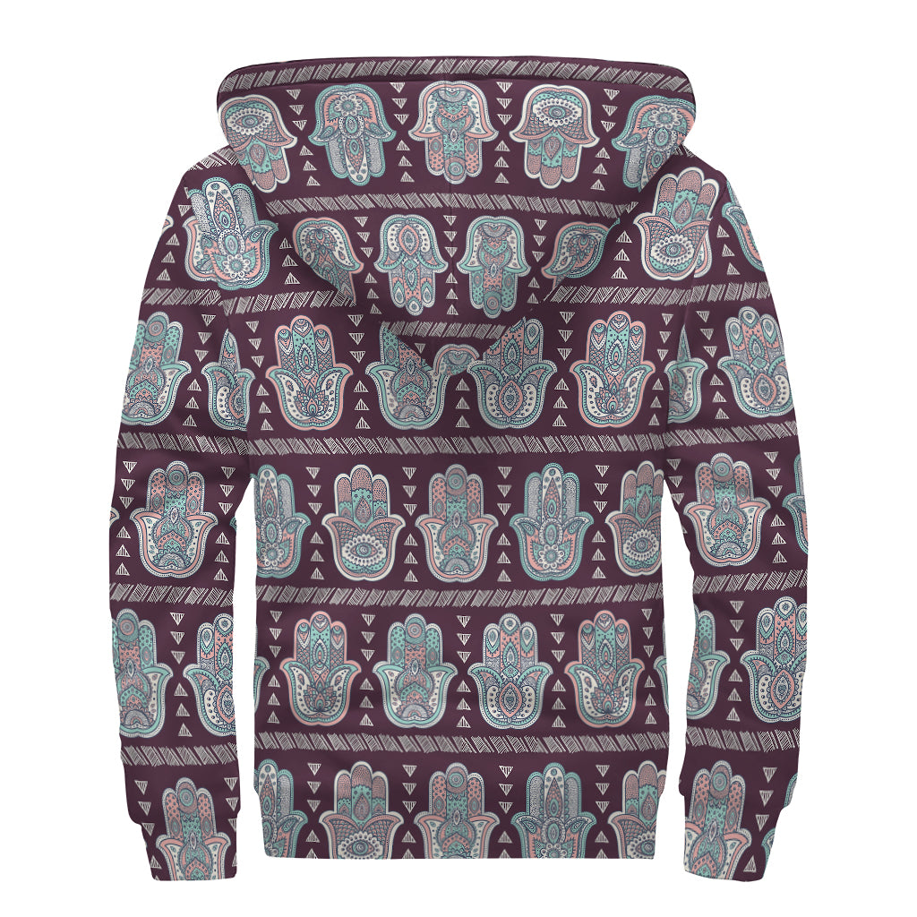 Hamsa Symbol Pattern Print Sherpa Lined Zip Up Hoodie