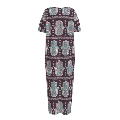 Hamsa Symbol Pattern Print Short Sleeve Long Nightdress