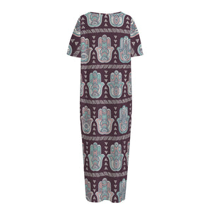 Hamsa Symbol Pattern Print Short Sleeve Long Nightdress