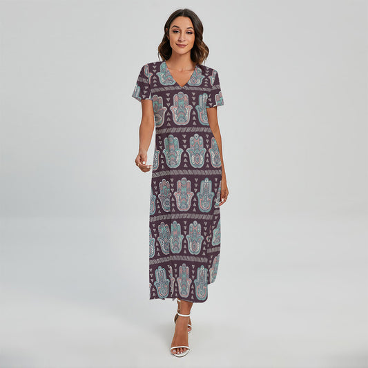 Hamsa Symbol Pattern Print Short Sleeve Maxi Dress