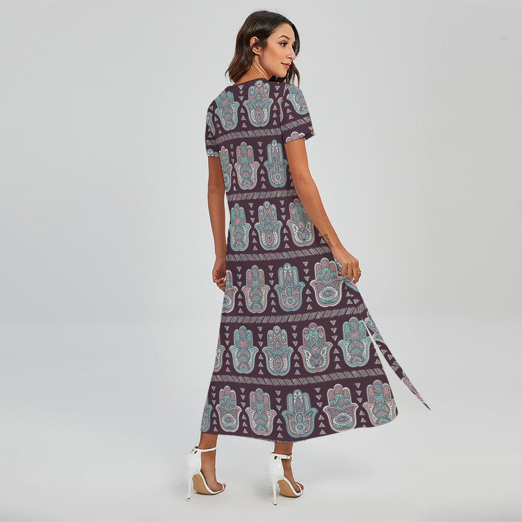 Hamsa Symbol Pattern Print Short Sleeve Maxi Dress