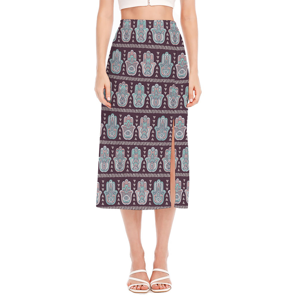 Hamsa Symbol Pattern Print Side Slit Midi Skirt