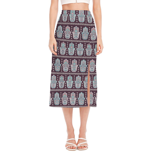Hamsa Symbol Pattern Print Side Slit Midi Skirt