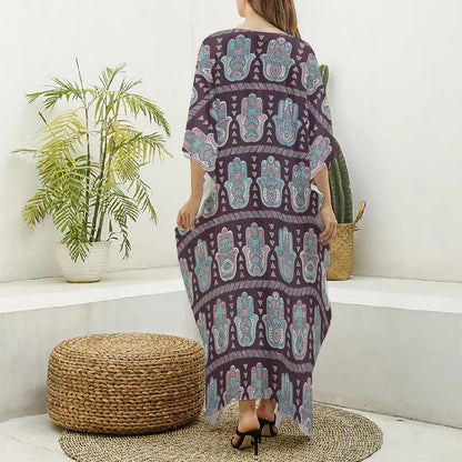 Hamsa Symbol Pattern Print Silk V-Neck Kaftan Dress