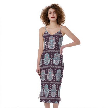Hamsa Symbol Pattern Print Slim Fit Midi Cami Dress