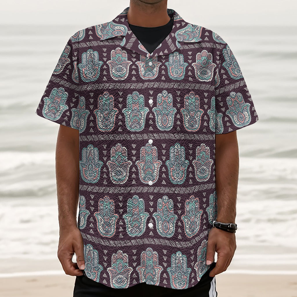 Hamsa Symbol Pattern Print Textured Short Sleeve Shirt