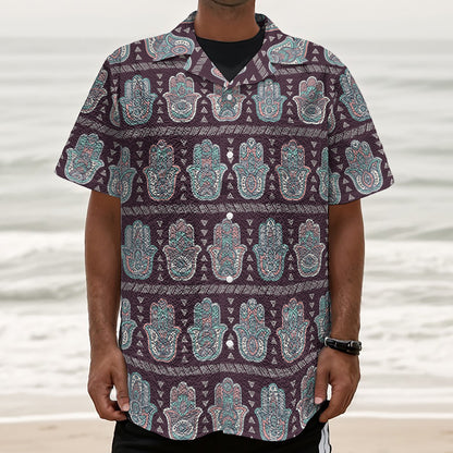 Hamsa Symbol Pattern Print Textured Short Sleeve Shirt