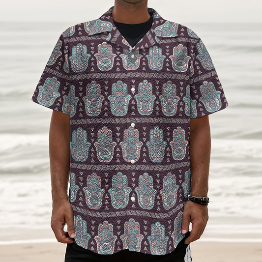 Hamsa Symbol Pattern Print Textured Short Sleeve Shirt
