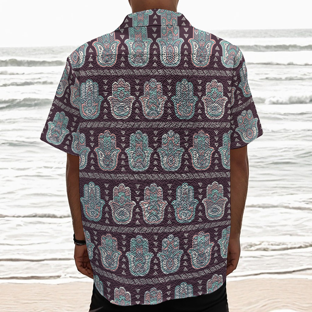 Hamsa Symbol Pattern Print Textured Short Sleeve Shirt