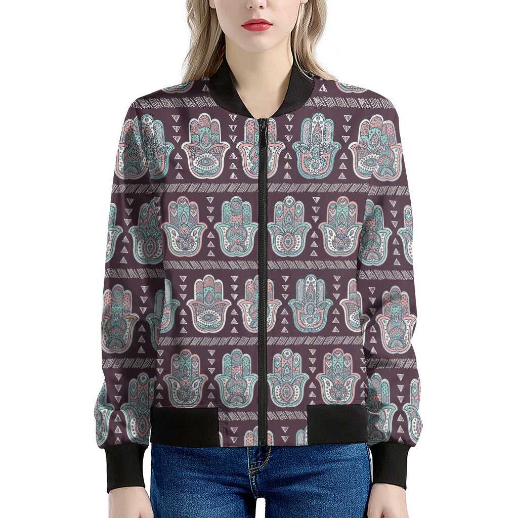 Hamsa Symbol Pattern Print Women's Bomber Jacket