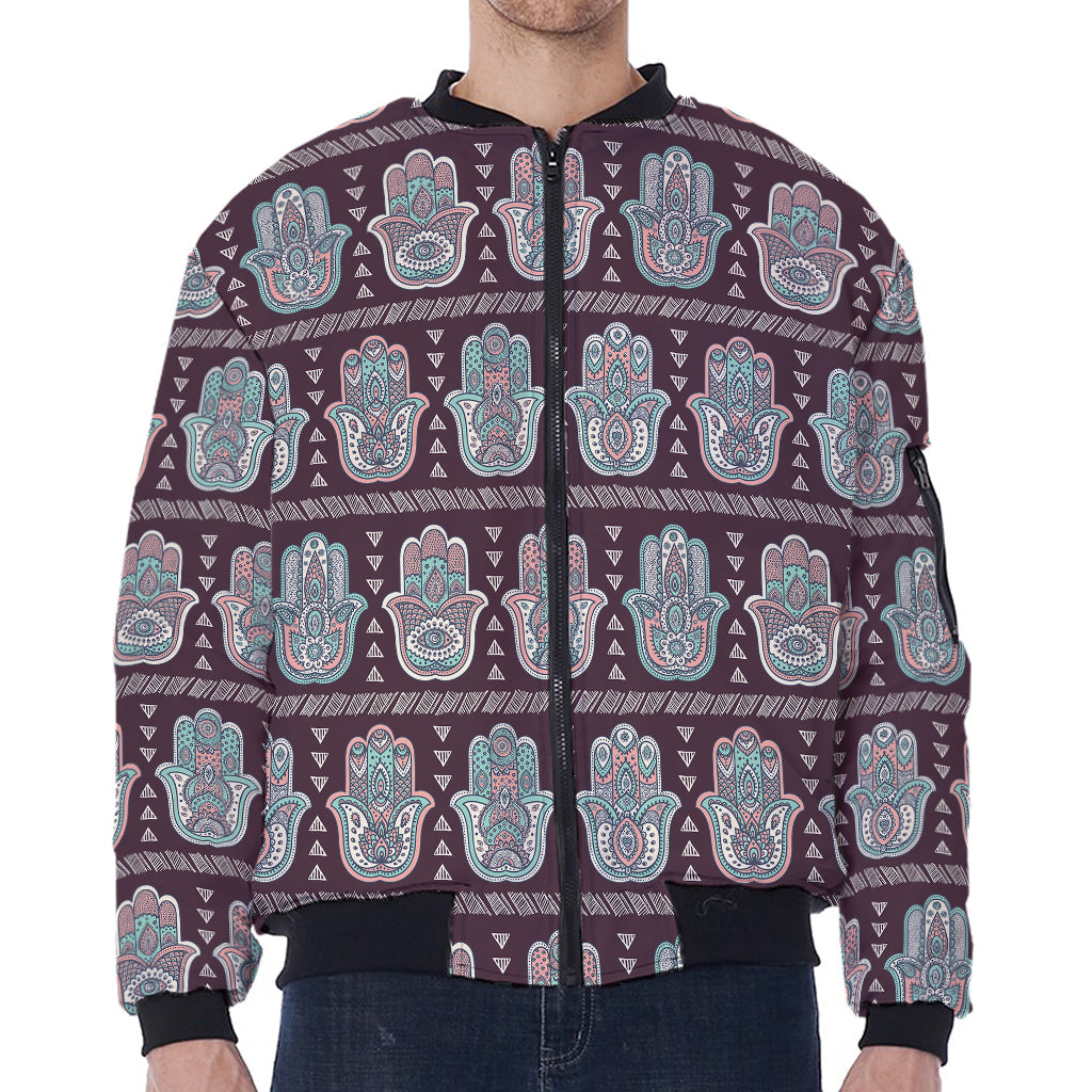 Hamsa Symbol Pattern Print Zip Sleeve Bomber Jacket