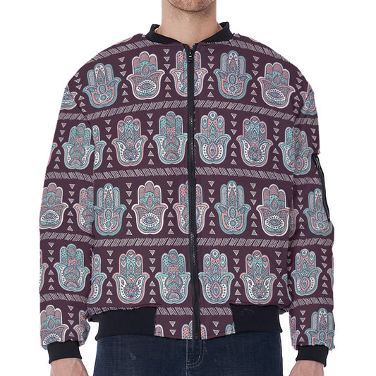 Hamsa Symbol Pattern Print Zip Sleeve Bomber Jacket