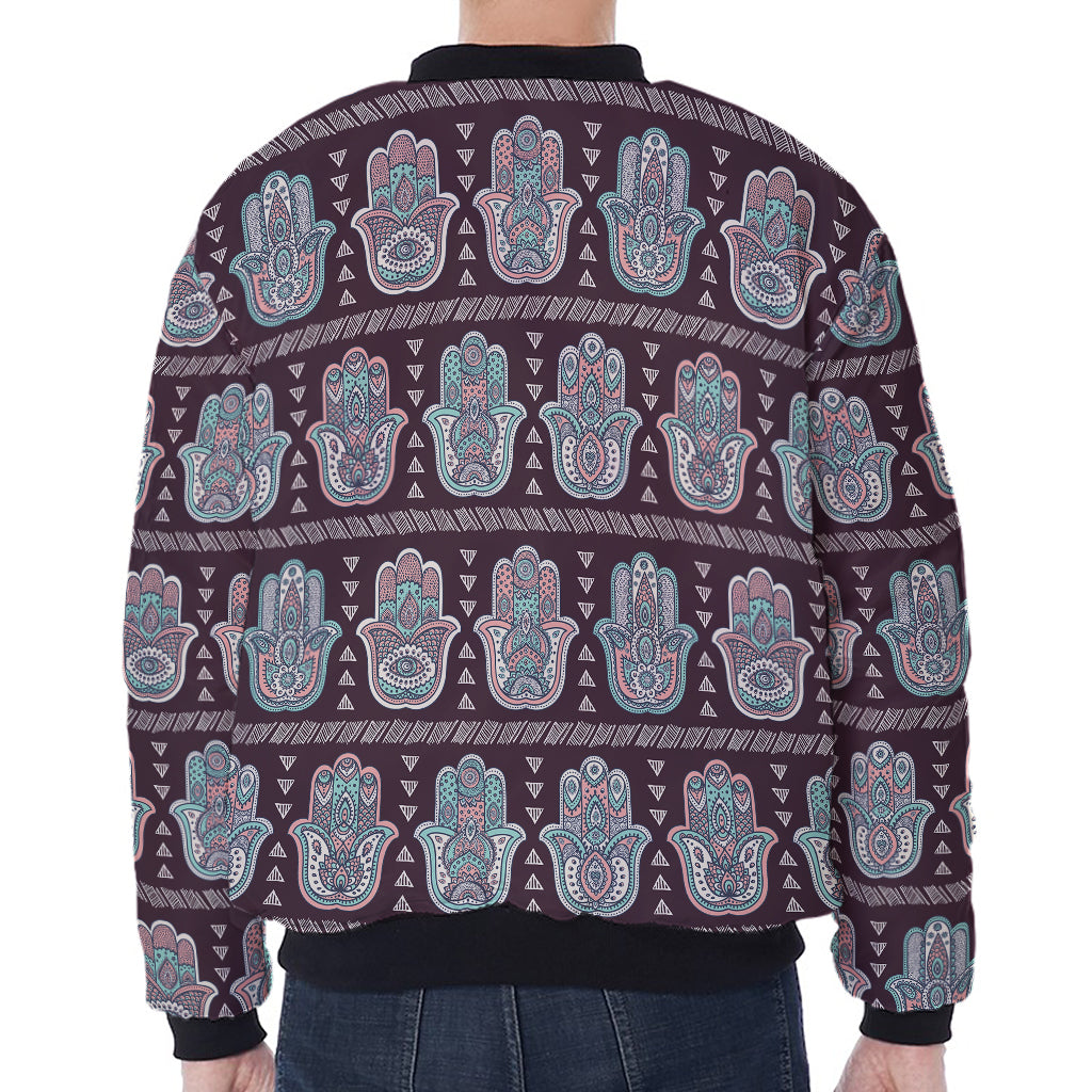 Hamsa Symbol Pattern Print Zip Sleeve Bomber Jacket