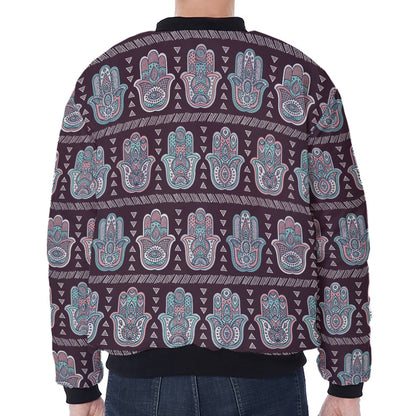 Hamsa Symbol Pattern Print Zip Sleeve Bomber Jacket