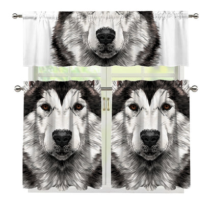 Hand Drawn Alaskan Malamute Print 3 Piece Kitchen Curtains