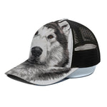 Hand Drawn Alaskan Malamute Print Black Mesh Trucker Cap