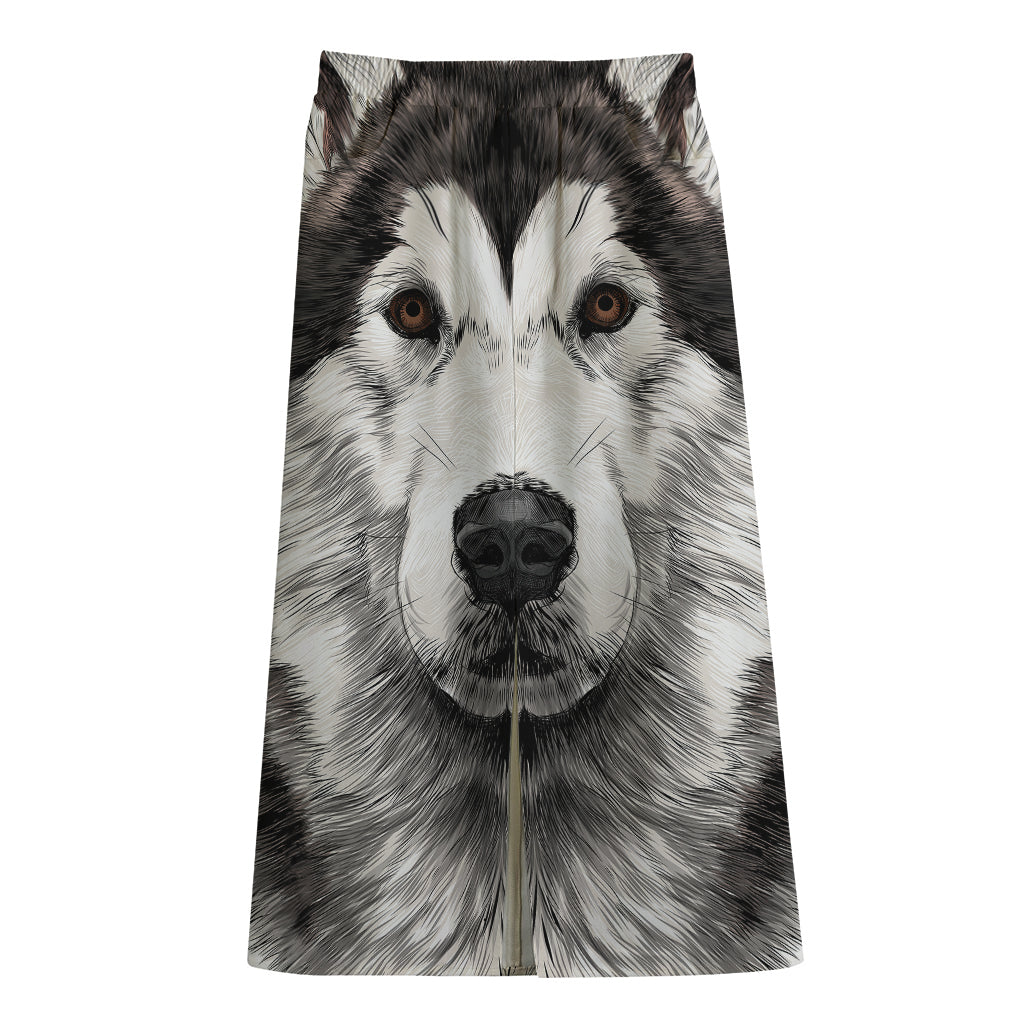 Hand Drawn Alaskan Malamute Print Cotton Front Slit Maxi Skirt