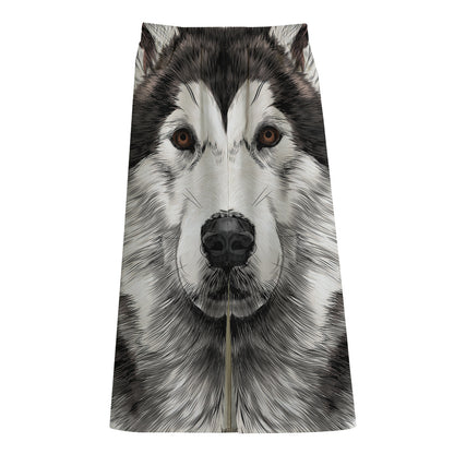 Hand Drawn Alaskan Malamute Print Cotton Front Slit Maxi Skirt