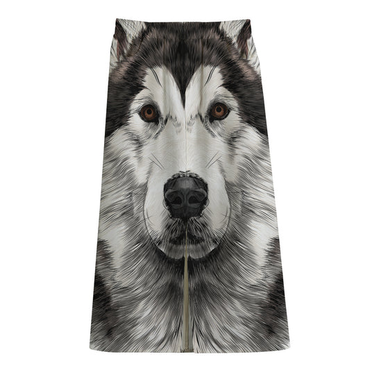 Hand Drawn Alaskan Malamute Print Cotton Front Slit Maxi Skirt