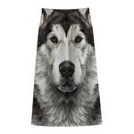 Hand Drawn Alaskan Malamute Print Cotton Front Slit Maxi Skirt
