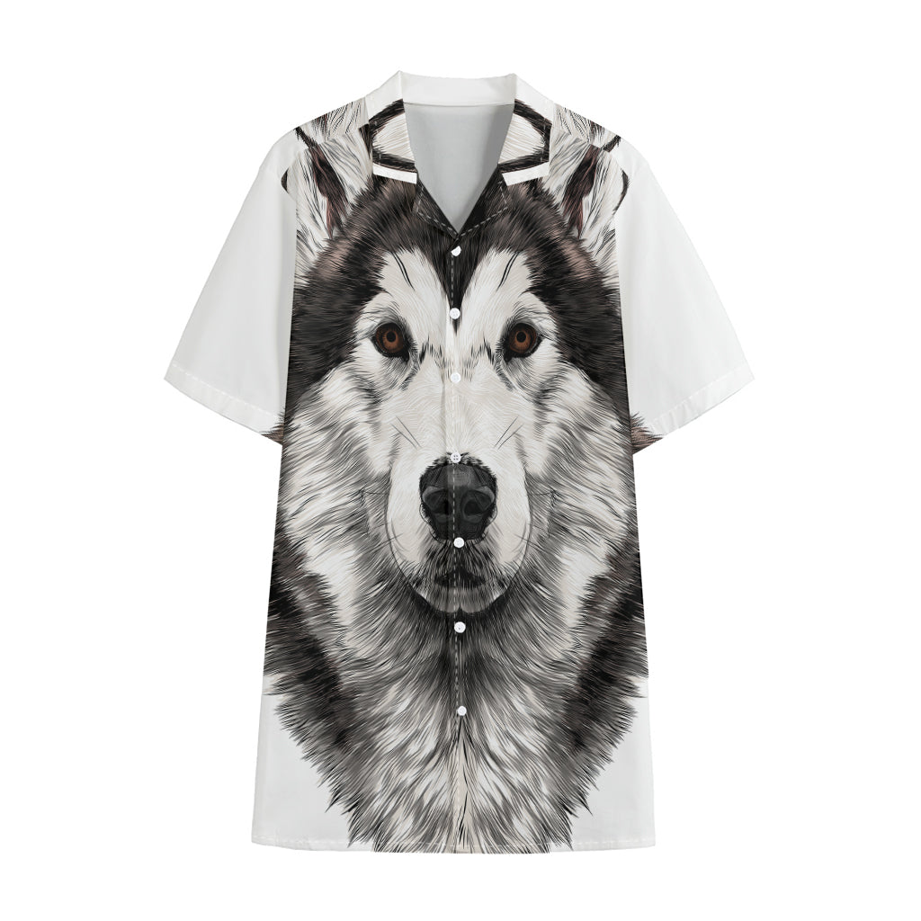 Hand Drawn Alaskan Malamute Print Cotton Hawaiian Shirt