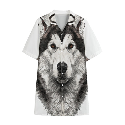 Hand Drawn Alaskan Malamute Print Cotton Hawaiian Shirt