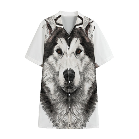 Hand Drawn Alaskan Malamute Print Cotton Hawaiian Shirt