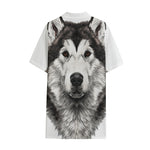 Hand Drawn Alaskan Malamute Print Cotton Hawaiian Shirt