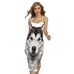 Hand Drawn Alaskan Malamute Print Cross Back Cami Dress