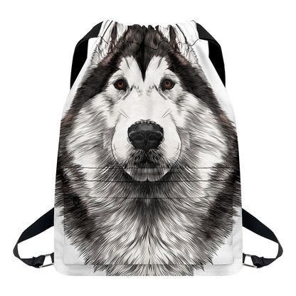 Hand Drawn Alaskan Malamute Print Drawstring Backpack
