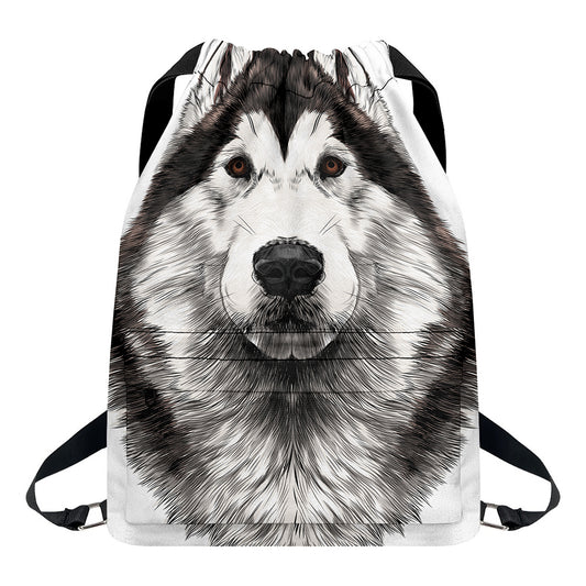 Hand Drawn Alaskan Malamute Print Drawstring Backpack