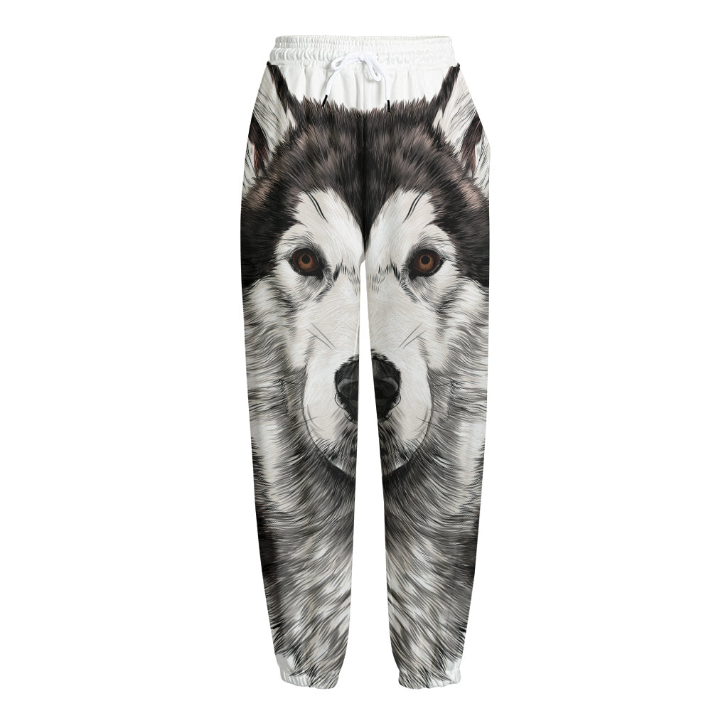 Hand Drawn Alaskan Malamute Print Fleece Lined Knit Pants